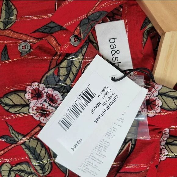 NWT ba&sh Petunia Floral-Print Metallic Jacquard Shirt in Rouge - Picture 8 of 12